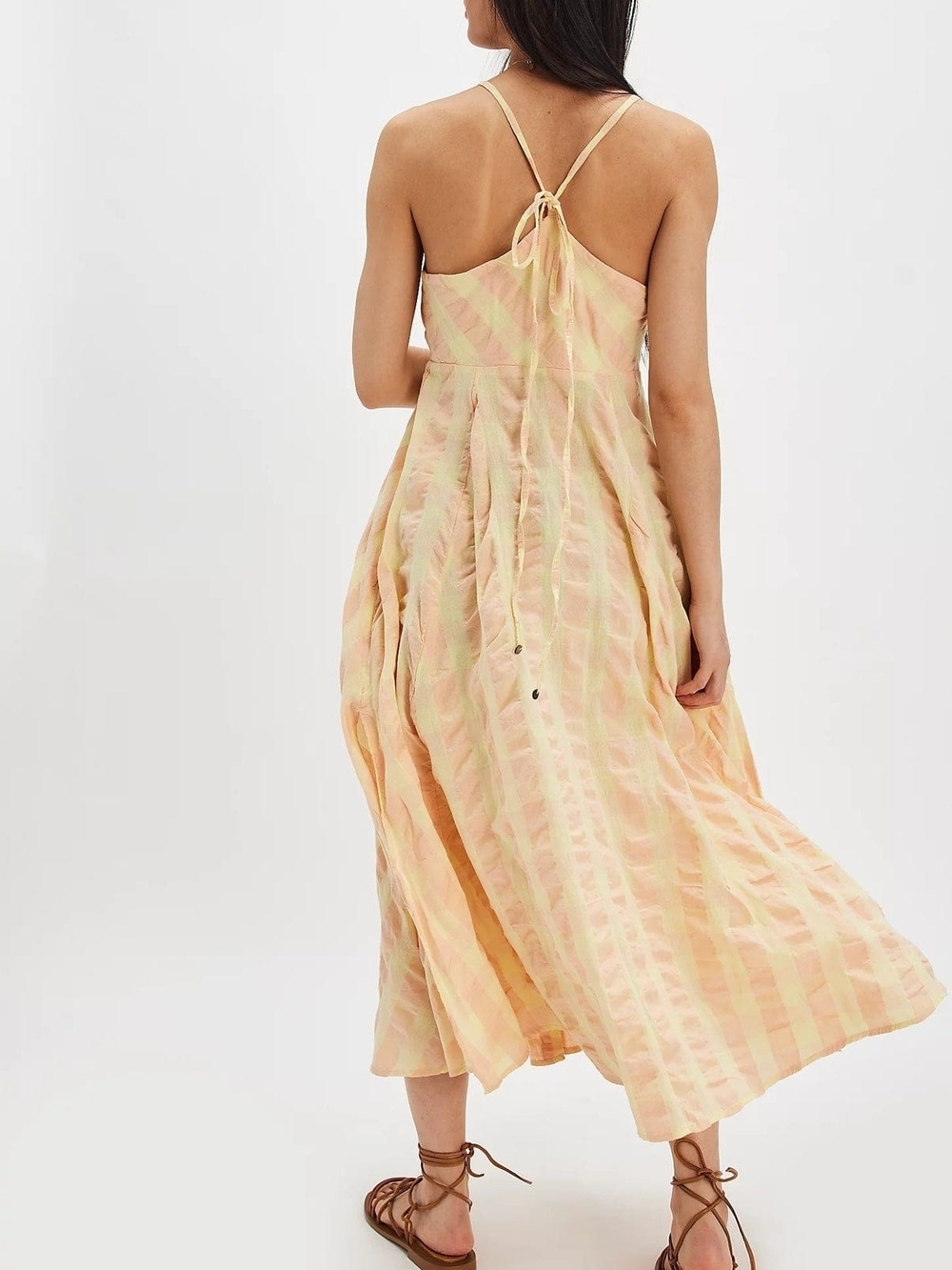 Free People Peach and Yellow Gingham Tie-Front Maxi Dress - Picture 3 of 12